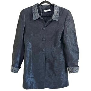 EVA PAZOLA Chicago Vintage Midnight Navy Blue Tapestry Collar Cuff Jacket Blazer